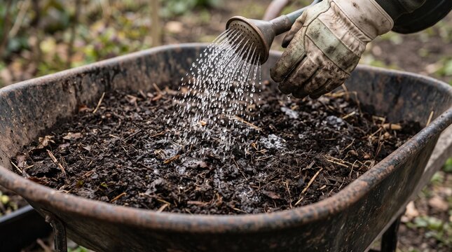 Gardener watering compost in a wheelbarrow with a watering can