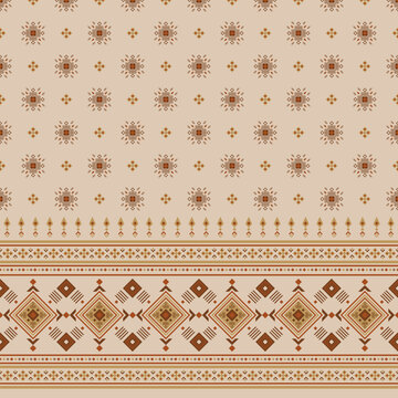 Intricate tribal seamless pattern with heavy geometric bottom borders and scattered ethnic motifs in earthy colors for blanket design.