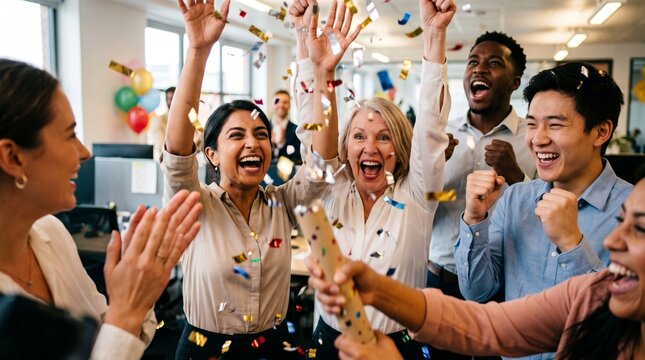 Colleagues celebrating success with confetti and balloons in office