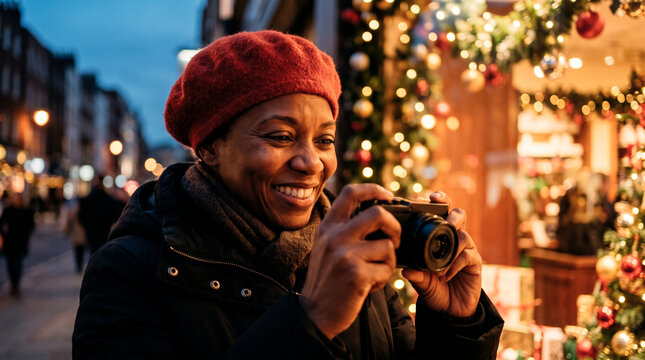 Woman taking photo of Christmas decorations on city street at dusk