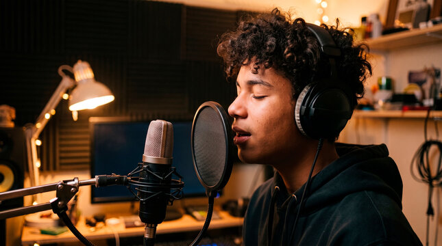 Young man with curly hair wearing headphones recording vocals in a home studio