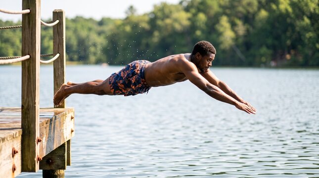 Man dives into lake from wooden dock on a sunny day