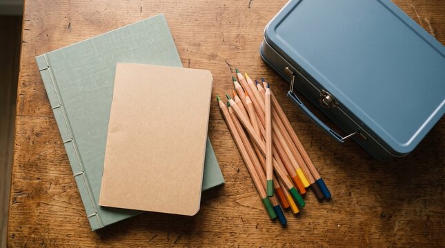 Art supplies, including colored pencils, notebooks, and a metal lunch box, on a wooden table