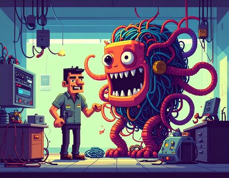 Funny surreal 16 bit pixel art of a male electrician facing a