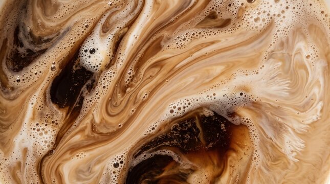 Closeup top view of coffee with milk swirl and foam texture