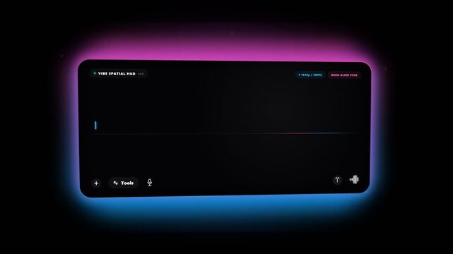 Futuristic electronic interface glowed brightly in darkness, displaying advanced software metrics and vibrant neon illumination surrounding the sleek rectangular hardware setup