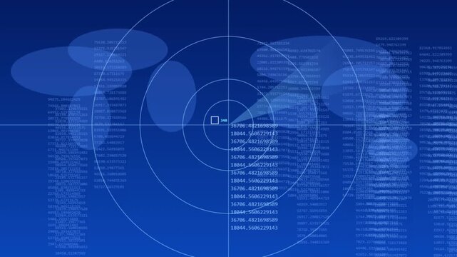 Futuristic radar display interface with glowing blue concentric target circles showing numeric data streams and moving graphs