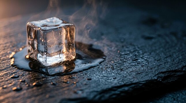 Single crystal clear ice cube melting on dark slate stone surface emitting vapor, representing temperature change and cooling concept