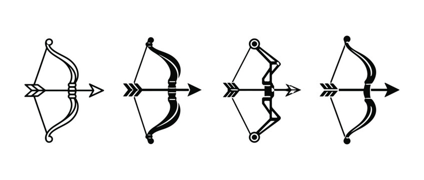 Bow and arrow icon set collection featuring various archery equipment designs including traditional recurve bows and modern compound bows in a simple black silhouette vector style