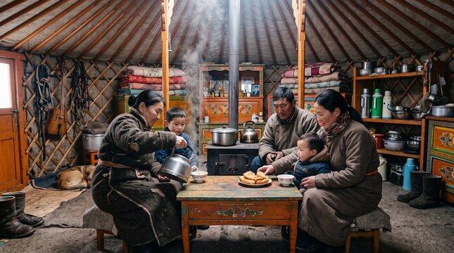 Mongolian family gathering inside traditional yurt ger, drinking hot tea and eating snacks around table