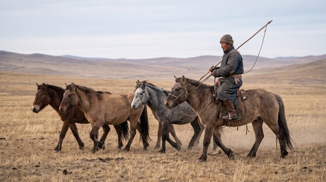Mongolian nomad riding a horse while herding horses across wide dry grassland steppe landscape