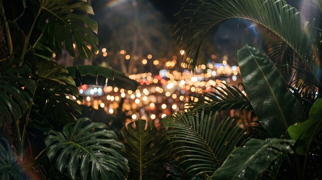 Close-up of tropical monstera and palm leaves with glowing bokeh lights blurred in dark background at night