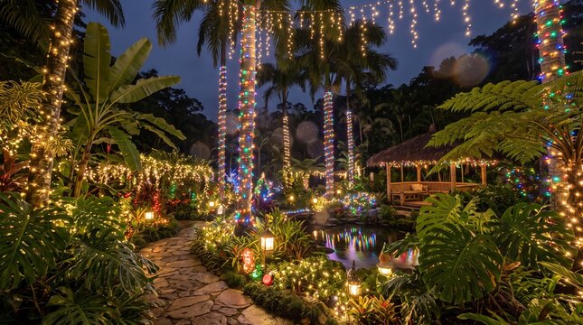 Lush tropical garden decorated with colorful fairy lights, palm trees, stone path, and cozy gazebo at night