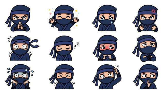Blue ninja character vector sticker set displaying various martial arts expressions for social media messaging platforms.