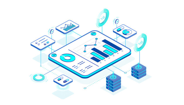 Isometric vector illustration of data analysis financial dashboard with charts, graphs, and server database.
