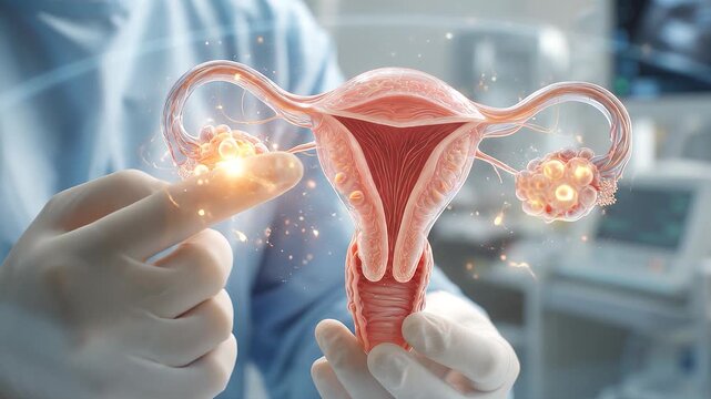 Medical visualization of the female reproductive system highlighting ovaries, fallopian tubes, and uterus during a gynecological examination and reproductive health consultation.