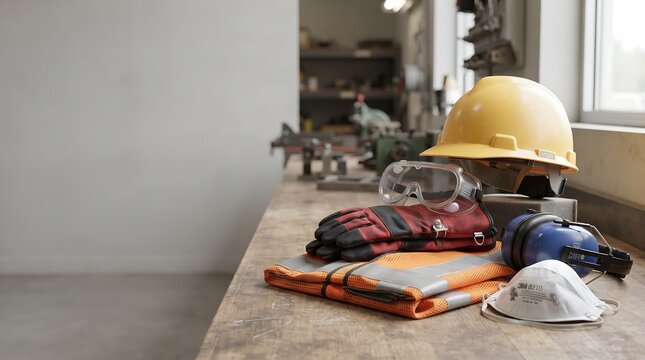 A collection of personal protective equipment for construction work including a yellow hard hat protective gloves safety glasses ear muffs and a dust mask on a wooden workbench