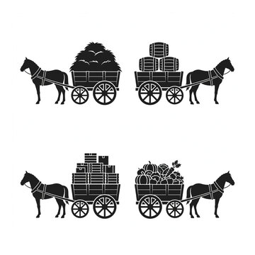 Set of Four Black Horse Cargo Wagon Silhouettes With Hay Barrels Crates