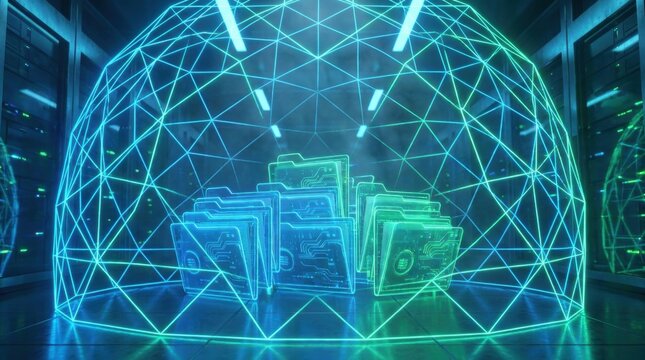 Minimalist optical Glowing ehr folders cybersecurit refracting vivid spectrum light rays across clean studio podium