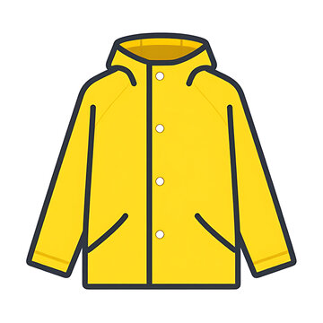 A simple colored flat vector illustration of a yellow raincoat, representing wet weather clothing, spring showers, and outdoor waterproof gear, isolated on white.
