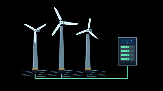 Offshore wind turbines rotating and supplying a modular energy storage system on transparent background