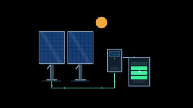 Tracking solar panels generating power and charging a storage battery on transparent background