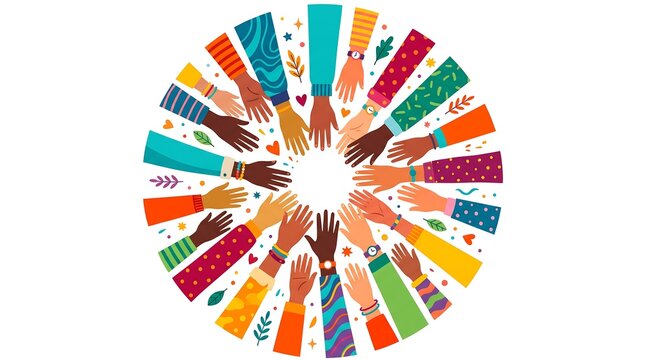 Diverse group of people hands reaching out together in a circle shape representing unity cooperation teamwork and community support on white background