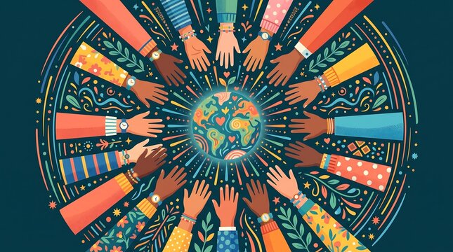 Diverse group of people reaching towards a colorful stylized earth illustration representing global unity community support and sustainable environmental protection concepts