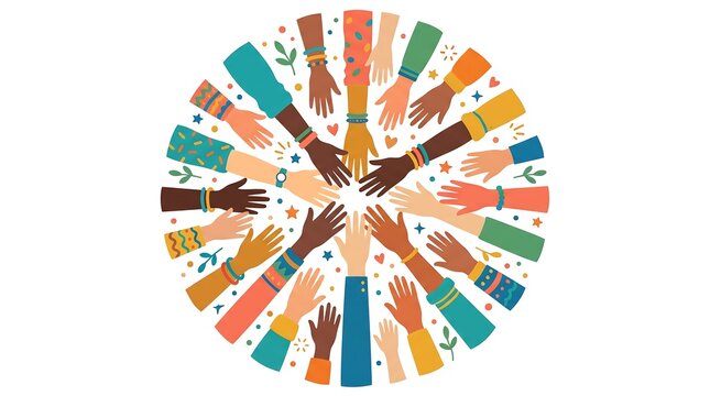 Diverse group of people reaching towards the center with colorful clothes and accessories arranged in a circular pattern on white background