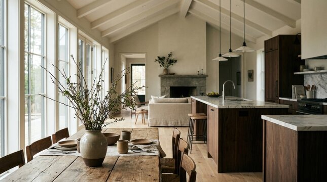 Aesthetic clean eating Open-plan kitchen dining space styled with fresh superfood ingredients for wellness diet publication