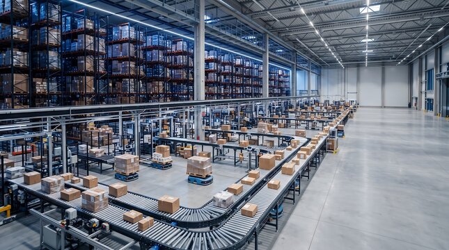 Modern automated warehouse facility featuring highdensity storage racking systems and advanced conveyor belts with robotic units transporting cardboard boxes for efficient logistics