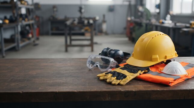 Professional personal protective equipment set including a yellow construction hard hat safety goggles ear muffs work gloves and a protective face mask