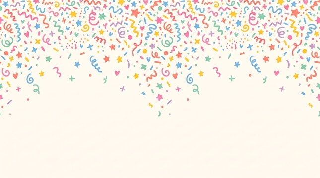 Seamless border background with colorful handdrawn confetti sprinkles stars and swirls perfect for birthday celebration greeting cards and party event invitations