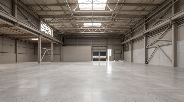 Wide angle interior view of a modern empty industrial warehouse building with high ceilings polished concrete floors and large metal structures