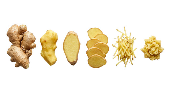 Variety of Ginger Forms and Slices, featuring fresh ginger, ginger root, sliced ginger, ginger pieces, culinary ingredients, herbs, food preparation, spices