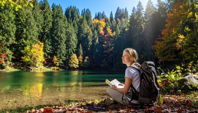 Person sits by a lake with a book and backpack during daytime in a forested area