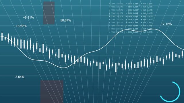 Financial stock market trading chart with candlesticks moving across digital blue grid background showing data fluctuations