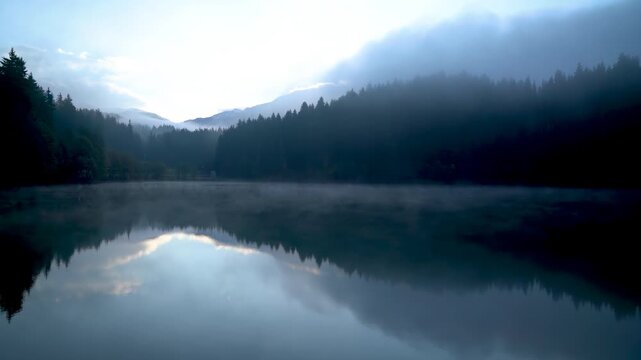 Karagol lake near Savsat, Artvin, Turkey, at dawn in cold blue light, fog hanging over the dark forested mountains mirrored in the calm water of the lake