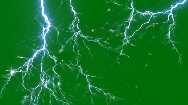 electric lightning flashes and thunderbolts on green screen