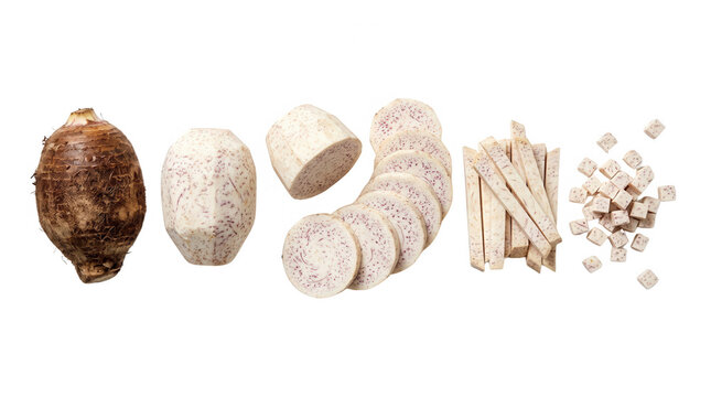 Sliced Taro Root in Various Cuts, featuring food, vegetable, culinary, ingredients, cooking, healthy eating, starch, cuisine, food preparation, asian cuisine