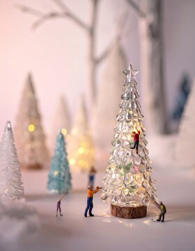 Miniature workers decorating christmas tree