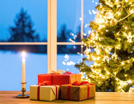 New Year tree, candle, gifts, window, winter, background, Christmas 