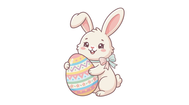 Smiling little rabbit holding a large decorated easter egg with colorful patterns bunny springtime celebration character illustration isolated background botanical