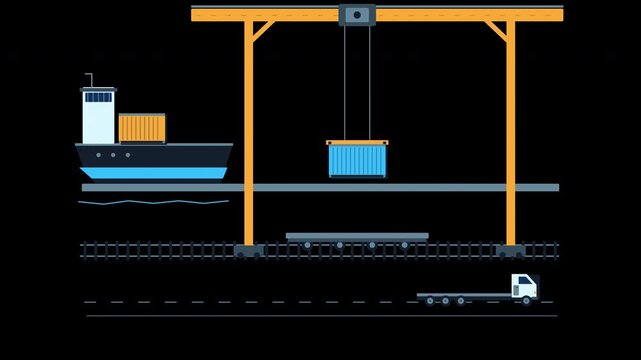 Gantry crane transferring a container from ship to rail wagon and truck on transparent background