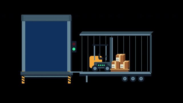 Electric forklift loading a pallet of cartons into a freight trailer on transparent background