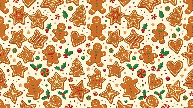 Seamless pattern with gingerbread cookies, stars, hearts, and christmas holly on a cream background