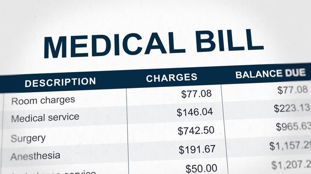 Medical bill close up with room charges and services, surgery, anesthesia, healthcare with running numbers. Medical treatment expenses concept. Hospital invoice, patient billing statement.4k animation