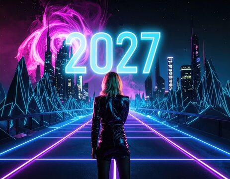 Synthwave retro cyberpunk style landscape background banner or wallpaper WITH TEXT 2027. Bright neon pink and purple colors 
