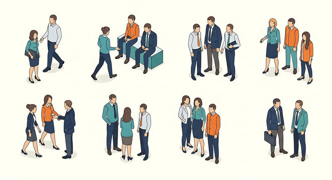 Business People and Corporate Teams Engaged in Professional Interaction Illustrating Communication and Networking in an Office Setting