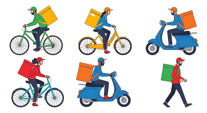 Delivery Workers Using Bicycles Scooters and Walking Carrying Thermal Bags Representing Diverse and Efficient Online Delivery Services